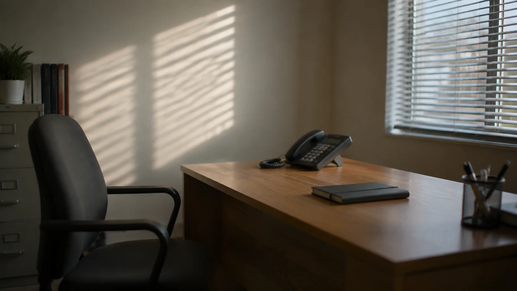 A quiet office corner with a desk, phone and notebook in afternoon light