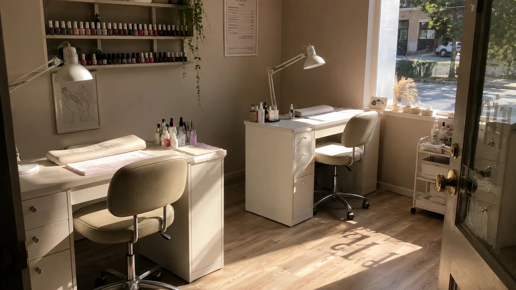 Empty manicure stations in a small salon before opening