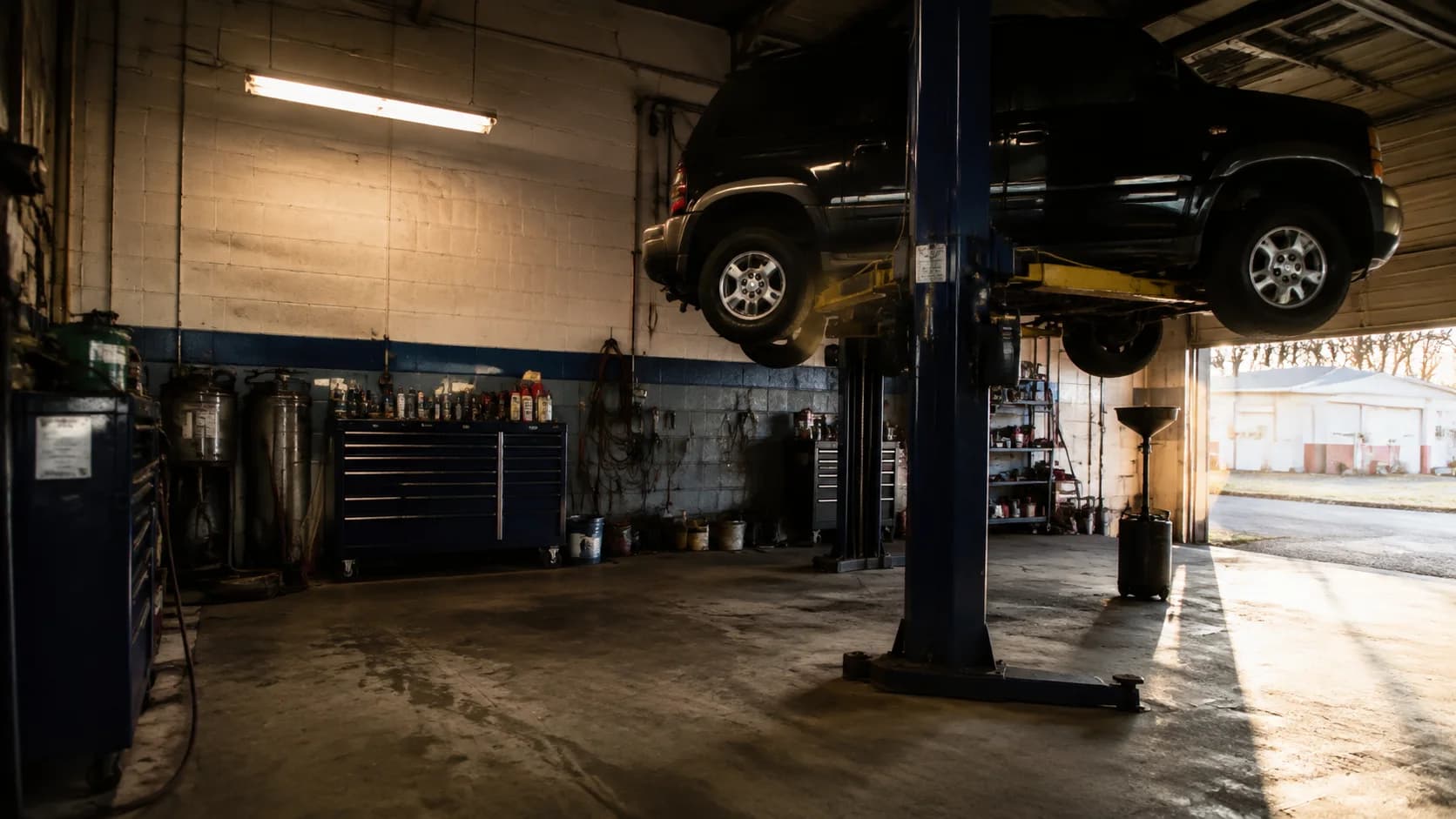 A vehicle raised on a lift inside a small repair shop