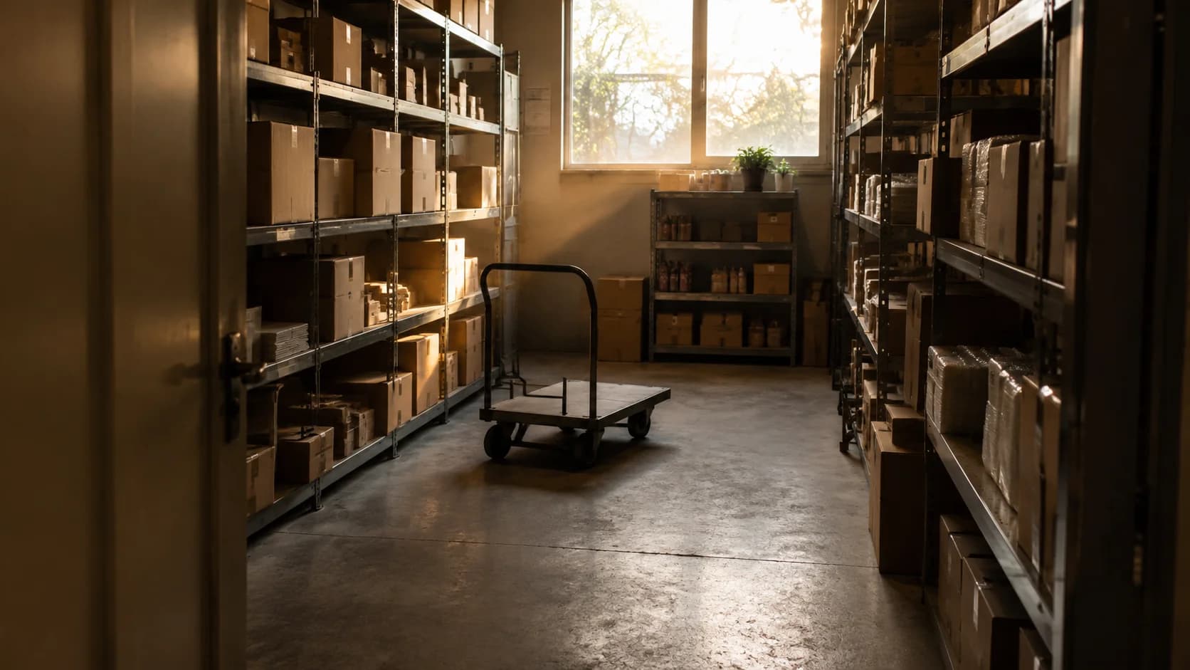 Shelves of stock in a small shop stockroom